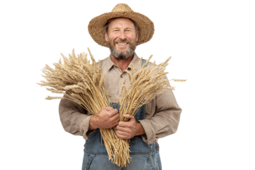 Happy farmer holding wheat stalks