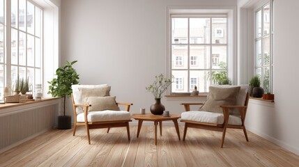 Modern living room interior two wooden armchairs coffee table plants and large windows