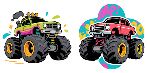 Vector art of two monster trucks isolated on white background © Sraboni