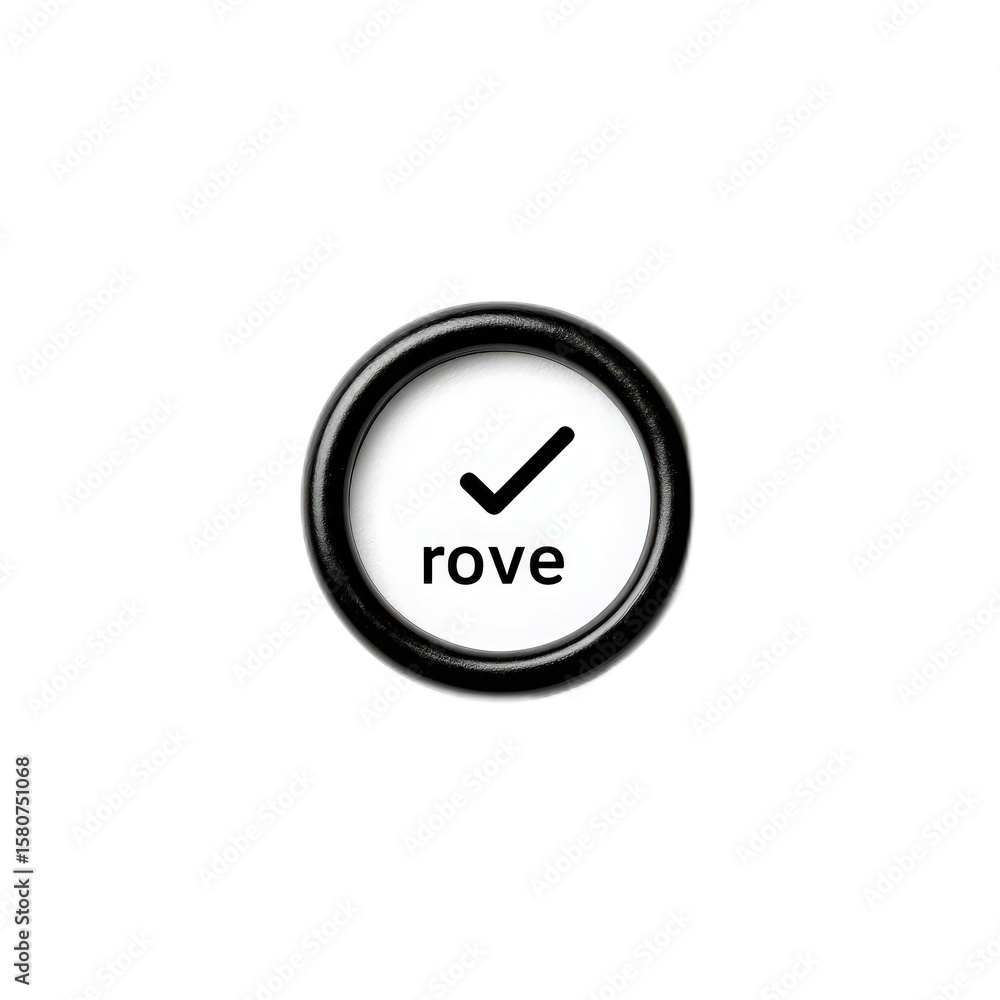 Fototapete simple round button with rove text and check mark symbol, minimalistic black and white design for us