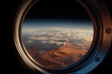 Earth's view through a round space station window