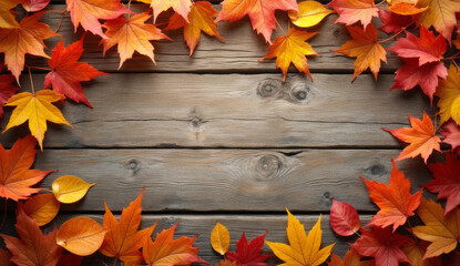 Top view of autumn leaves framing an old wooden surface. Warm red, orange, and yellow tones create a cozy seasonal background, perfect for fall-themed designs, cards, and ads