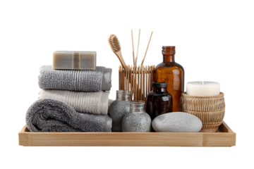 Spa and bath essentials on wooden tray. Wellness, self care, and relaxation concept.
