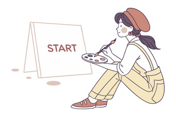 Starting a creative journey: A charming artist seated before a blank canvas, the word 