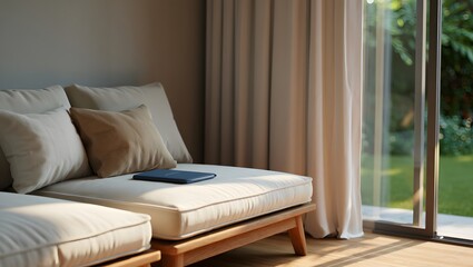 Comfortable lounge with plush cushions and a book near a sunlit window sunlight