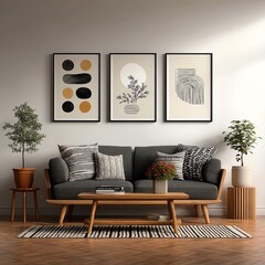 Modern living room with artistic decor and stylish furniture.