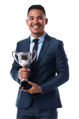 Hispanic businessman holding a shiny silver trophy isolated on transparent. Concept of victory and success. 