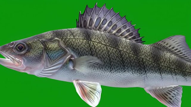 Detailed Freshwater Zander or Walleye Fish Profile Isolated on Green Background for Design and Educational Use