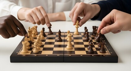 Diverse Group Playing Chess, Strategic Game Concept, Teamwork and Competition