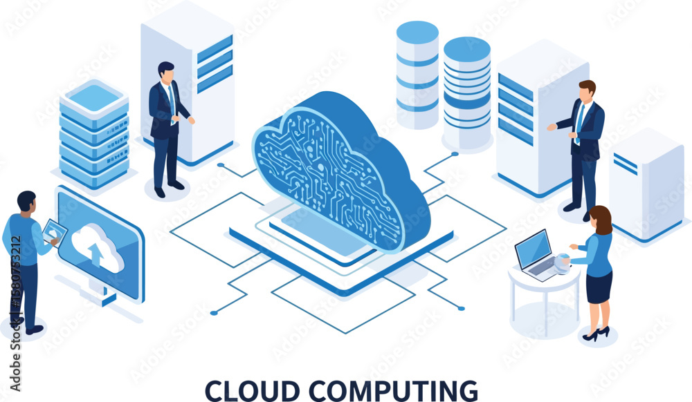 Poster cloud computing technology services data storage network solutions isometric vector illustration des