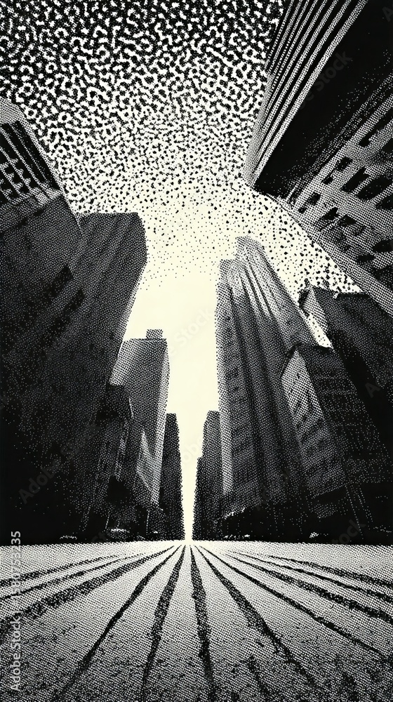 Poster contraplex convergence advancing toward a vanishing point with halftone texture, comic style dots, d