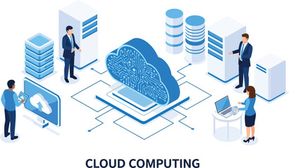 Cloud computing technology services data storage network solutions isometric vector illustration design