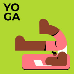 Black African Girl doing yoga exercises and working on computer. Remote work digital nomad. Flat vector illustration on green background.