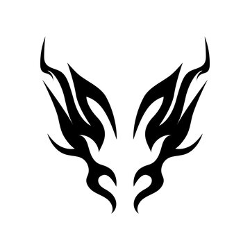 Neo black tribal tattoo. Gothic neo tribal butterfly with wings, flames, hearts or symmetrical shapes, abstract dividers. Cyber ​​singlism design elements in 2000s grunge style.