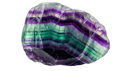 Translucent fluorite slice exhibiting purple and green bands against a stark black backdrop.