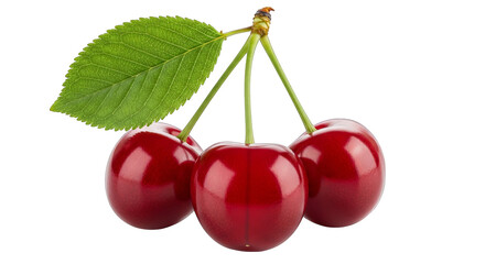 Three glossy, deep red cherries hang with a vibrant green leaf on a stark black background.