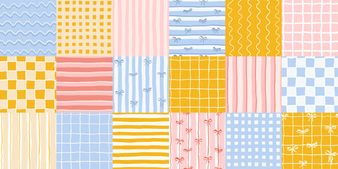 Whimsical Coquette Striped Checkered Vector Seamless Patterns Set with Ribbon Bow, Feminine Mediterranean Summer Travel Themed Design, Fabric Textile, Kitchen Decor. Simple Bold Color Backgrounds © ilonitta