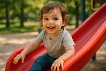 Playful Child on Slide: A radiant child enjoys a moment of pure joy while sliding down a vibrant red slide in a sunny park, a portrait of childhood glee and carefree fun.