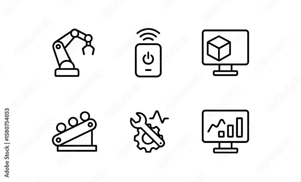 Poster industrial technology icons featuring robotics, iot, and automation in linear style