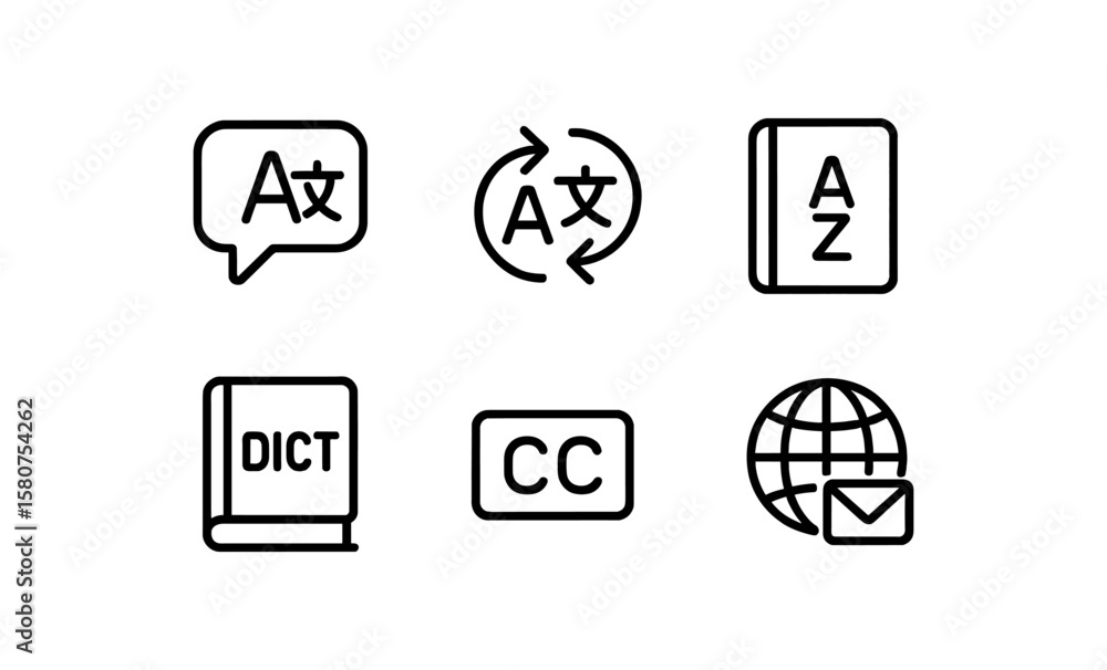 Poster language and communication icons in linear monochrome style