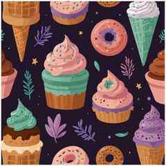 Vector art of seamless pattern of cupcakes and donuts