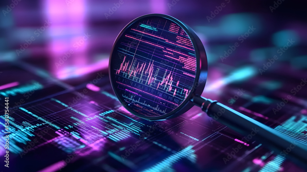 Poster ultraviolet neon screen with magnifier and charts for data analysis seo concept