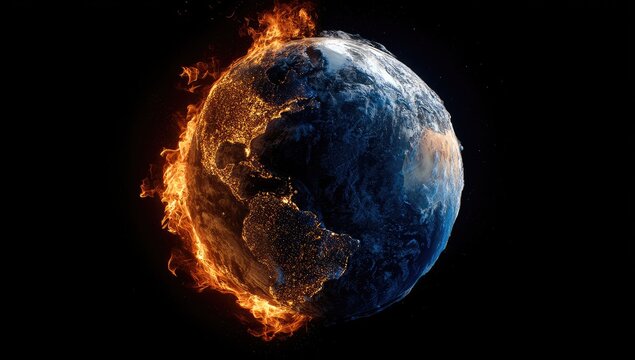 Earth, split by fire and ice.  A 3D model of Earth, half ablaze in flames, half coated in ice, highlights climate change