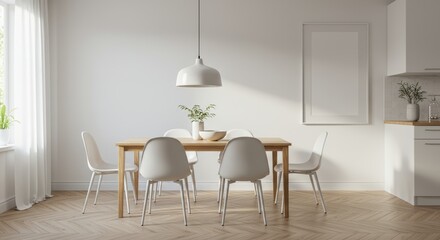 Modern Minimalist Dining Room Interior with Wooden Table and White Chairs