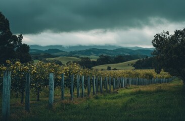 Fototapeta premium Moody Orchard Landscape with Rolling Hills and Stormy Sky - Scenic Beauty