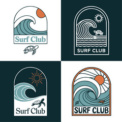 Surf club badge collection with wave illustrations, sun elements, sea turtle, and retro coastal design for apparel, stickers, and beach branding