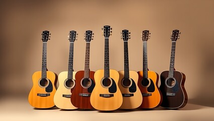 Naklejka premium Six acoustic guitars arranged in a fan formation on a neutral background with subtle studio shadows.