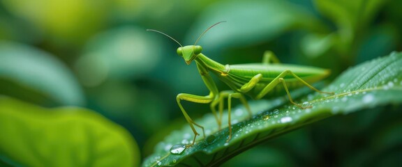  Jewel of the Jungle Intricate Detail of a Green Praying Mantis Amidst Lush, Vibrant Foliage in a Southeast Asian Rainforest