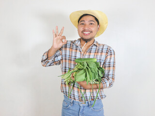 Asian male farmer wearing a rattan hat carrying harvested vegetables and giving an okay sign