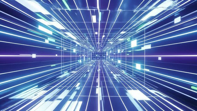 Abstract Blue Neon Grid Tunnel: Futuristic Digital Space