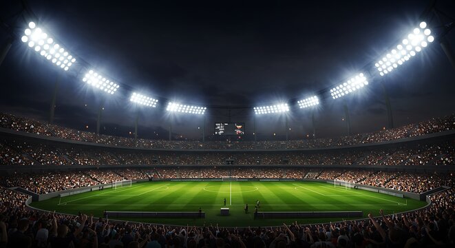 Illuminated football stadium at night with a crowd