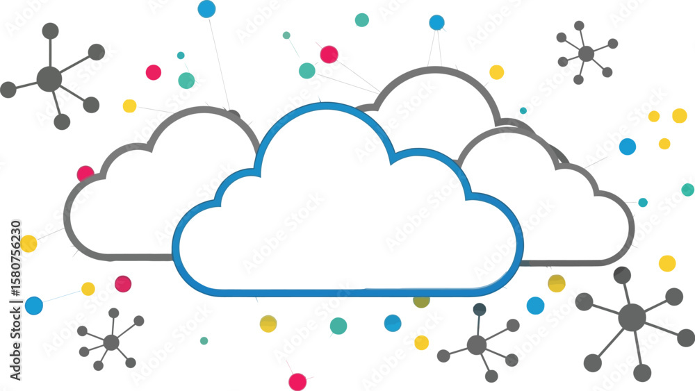 Poster cloud computing network diagram illustration for technology and data storage solutions and services 