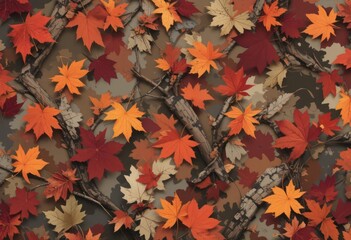 Fototapeta premium Autumn Themed Camouflage Rich reds, oranges and browns simulating falling leaves. Ideal for seasonal backdrops.