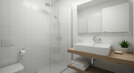 Modern Bathroom Interior Design with White Tiles, Shower, and Wooden Vanity