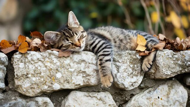 A small tabby cat rests on a stone wall surrounded by autumn leaves. The cat has a relaxed posture and a striped coat with shades of brown and gray.