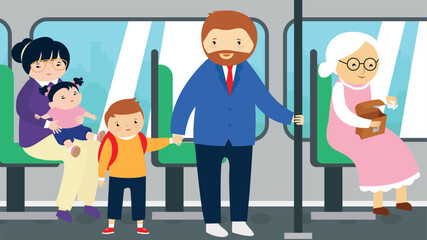 A vector illustration of a family traveling by a bus in a flat style