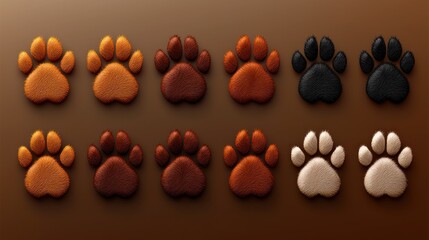 Twelve textured paw prints in various brown shades, arranged in rows