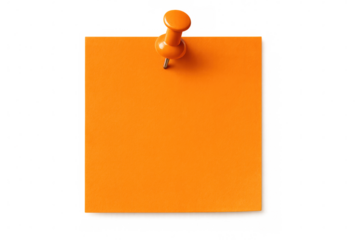 Bright orange sticky note affixed by coordinating pin, resting on clear surface, highlighting communication and design possibilities