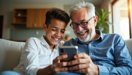 Boy Teaching Grandfather to Use Smartphone on Couch. Realistic multigenerational Technology Learning at Home