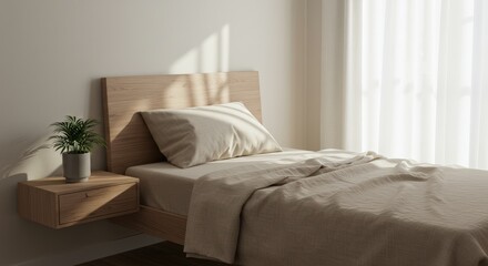Cozy Minimalist Bedroom Interior with Natural Sunlight and Potted Plant on Bedside Table
