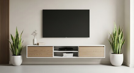 Modern living room interior with a flat-screen TV and floating entertainment center.