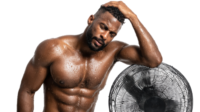 A muscular man sweating in front of a fan, capturing a moment of relief amidst heat, isolated on a white background.