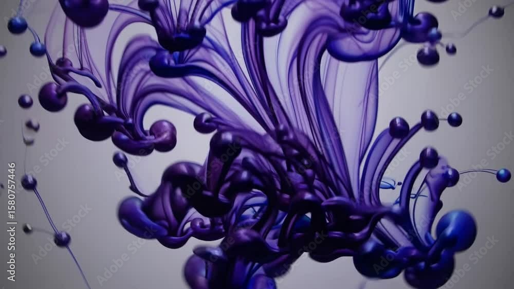 Poster purple ink diffusing in water with bubblelike formations