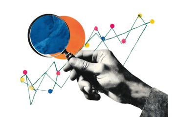 Hand holding magnifying glass over data chart.