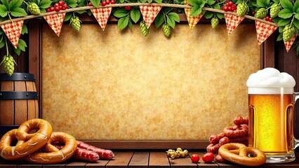 Oktoberfest themed frame with copy space. Includes beer mug, pretzels, popcorn, and decorative bunting with hops and leaves.