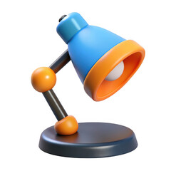 Modern 3d rendered desk lamp with blue and orange accents illuminating a white bulb isolated on transparent background